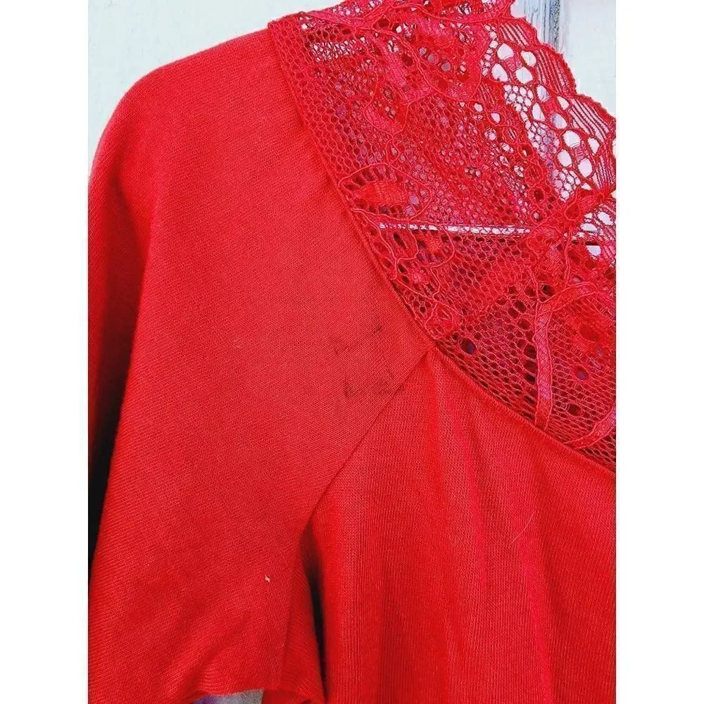 Michael Kors Womens Blouse Red Short Sleeve Scoop Neck Lace Cotton Blend S